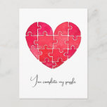Love puzzle solved, red puzzle heart postcard