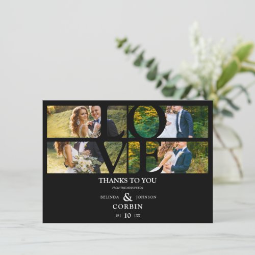 Love Quote Black Trendy Collage Wedding 4 Photos Thank You Card