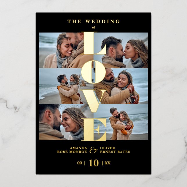 Love Quote Black Trendy Collage Wedding 6 Photos Foil Invitation (Front)