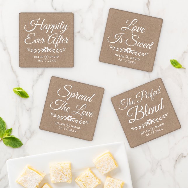 Love quotes calligraphy rustic kraft wedding coaster set (In Situ)