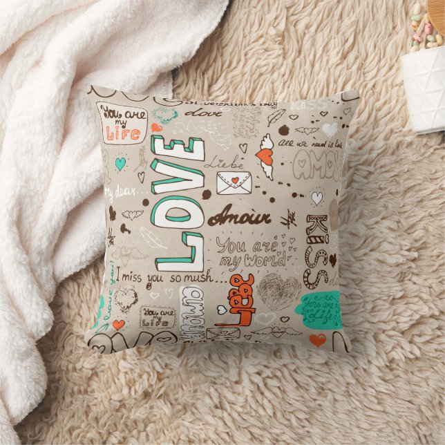 Love Quotes Doodle Pattern Throw Pillow (Blanket)