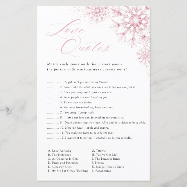 Love Quotes Game Pink Snow in Love Bridal Shower (Front)