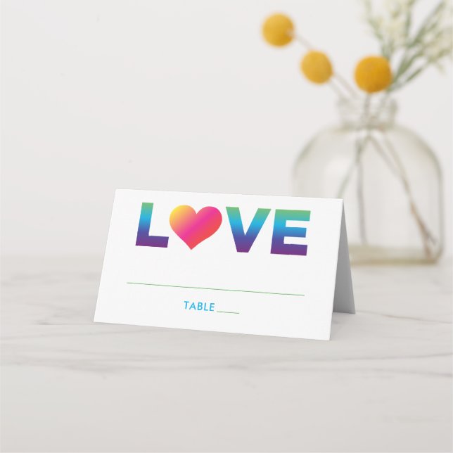Love Rainbow Colors Heart Wedding Place Card (Front)