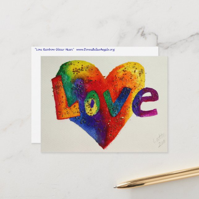 Love Rainbow Glitter Heart Art Postcard (Front/Back In Situ)