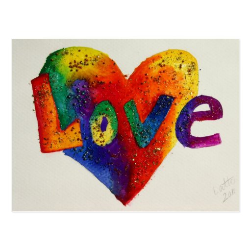 Love Rainbow Glitter Heart Art Postcard | Zazzle