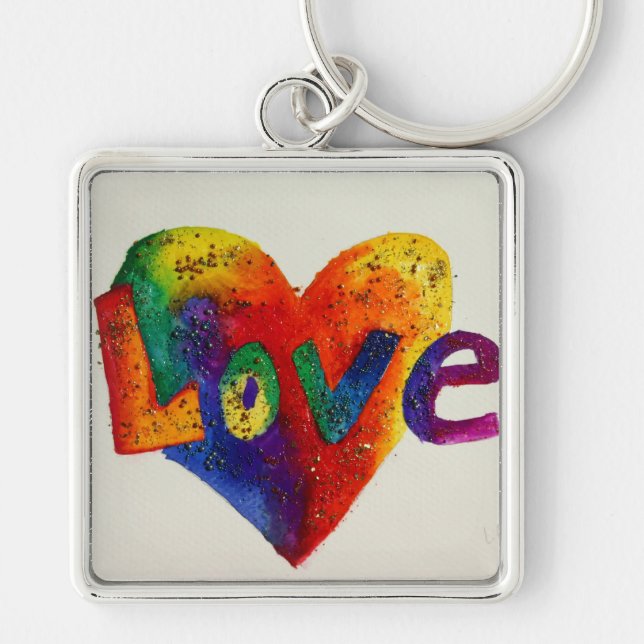 Love Rainbow Heart Art Word Painting Keychain (Front)