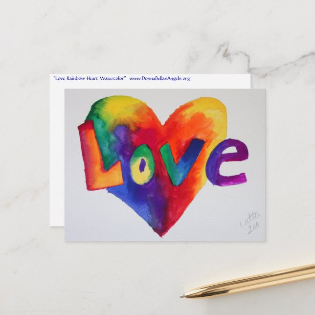 Love Rainbow Heart Watercolor Art Postcard (Front/Back In Situ)