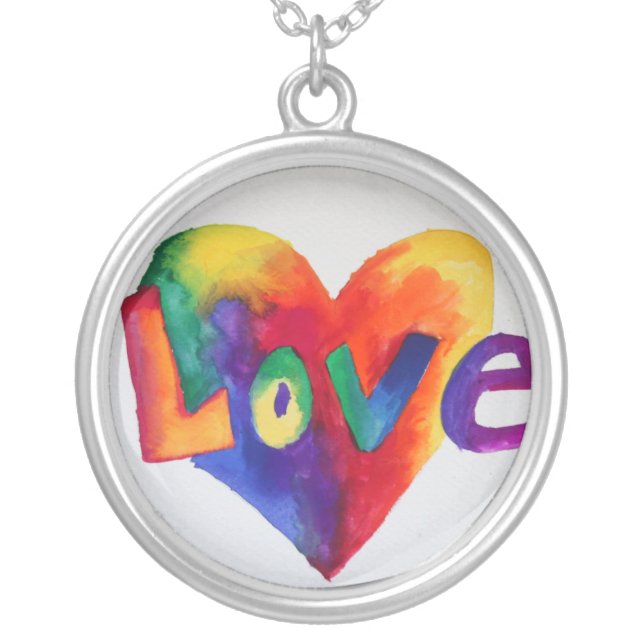 Love Rainbow Heart Watercolor Necklace Pendant (Front)