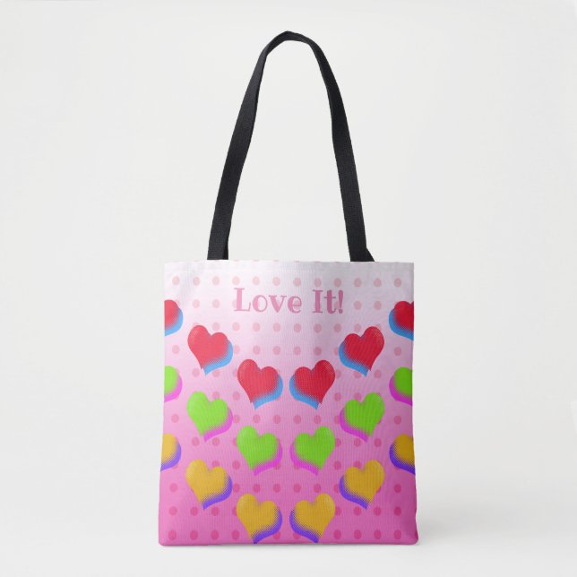 Love Rainbow Hearts Cute Fun Pink Retro Pattern Tote Bag (Front)