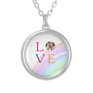 LOVE RAINBOW PHOTO LETTER PRIDE LGBTQ GIFTS CUSTOM SILVER PLATED NECKLACE