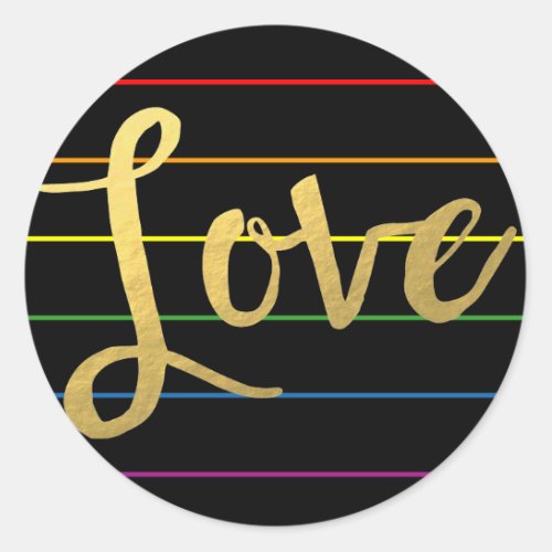 Love Rainbow Pinstripe LGBT Faux Gold Foil Classic Round Sticker