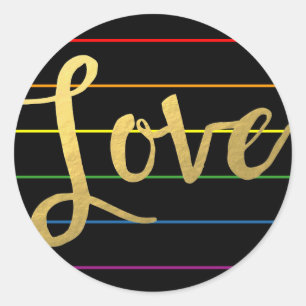 Love Rainbow Pinstripe LGBT Faux Gold Foil Classic Round Sticker