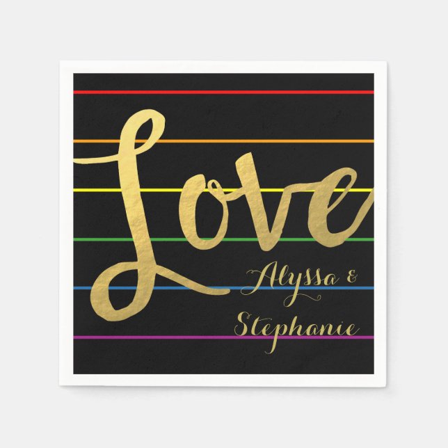 Love Rainbow Pinstripe LGBT Faux Gold Foil Napkins (Front)