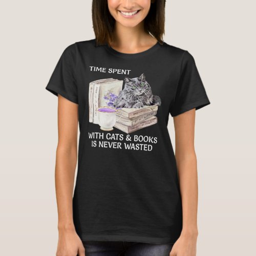 Love Reading Books And Grey Cats Design T_Shirt