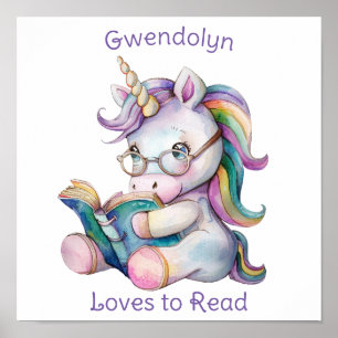 Love Reading Cute Unicorn Eyeglasses Purple Text Poster