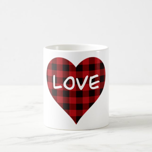 Love, red buffalo plaid pattern, valentine heart coffee mug (Center)