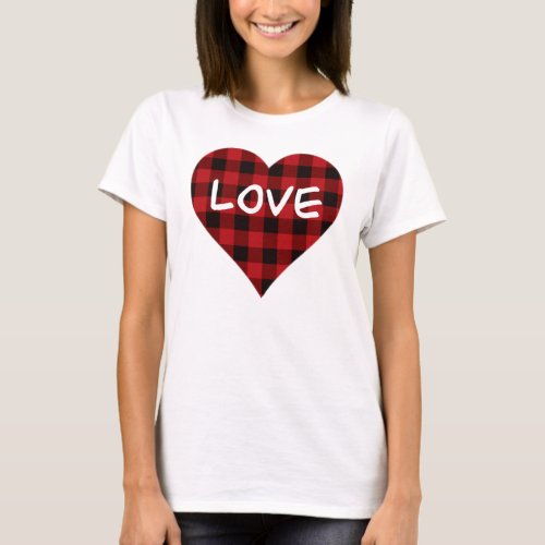 Love red buffalo plaid pattern valentine heart T_Shirt