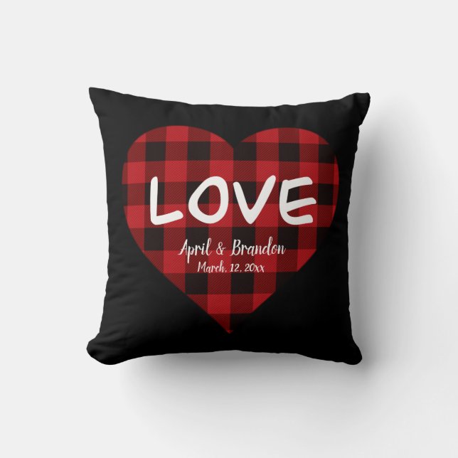 Love, red buffalo plaid pattern, valentine heart throw pillow (Front)