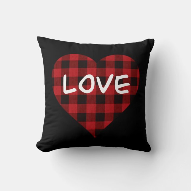 Love, red buffalo plaid pattern, valentine heart throw pillow (Front)