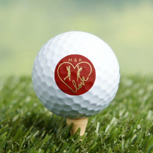 Love Red Heart Golfers Monogram Initials Golf Balls