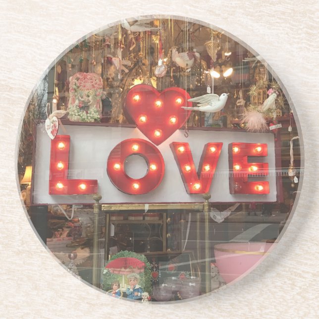 LOVE Red Heart Neon Valentine's Day Reflection Drink Coaster (Front)