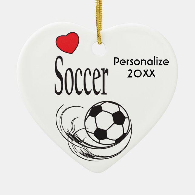 Love Red Heart Soccer Ball Ceramic Ornament (Front)