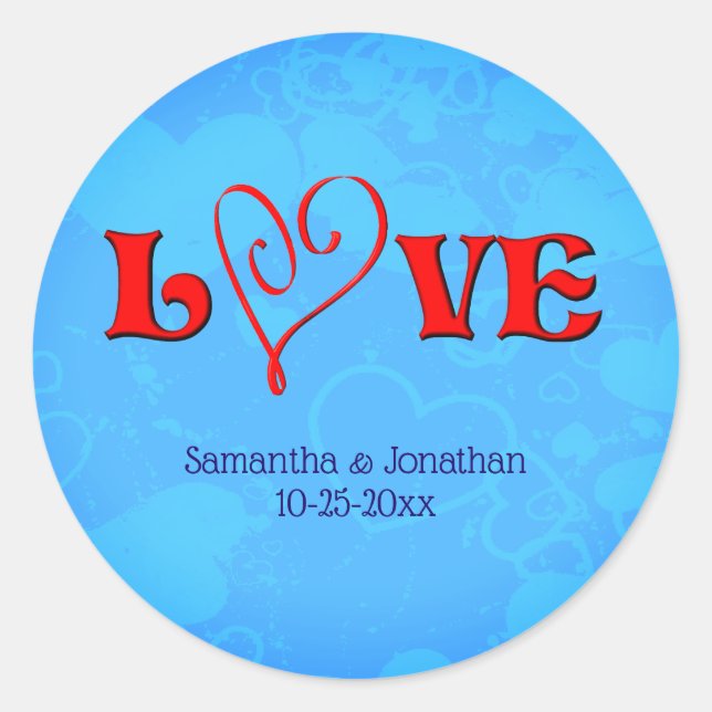 Love Red Heart Wedding Personalized Classic Round Sticker (Front)