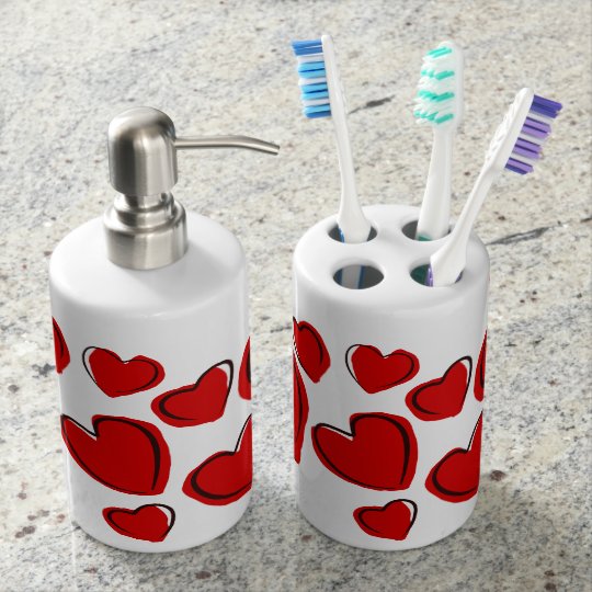 love red hearts soap dispenser & toothbrush holder