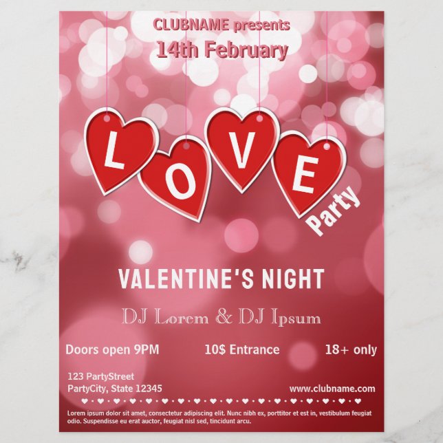 LOVE Red Hearts Valentine's Day Party Flyer (Front)
