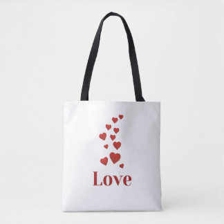 LOVE, red hearts, white tote bag.