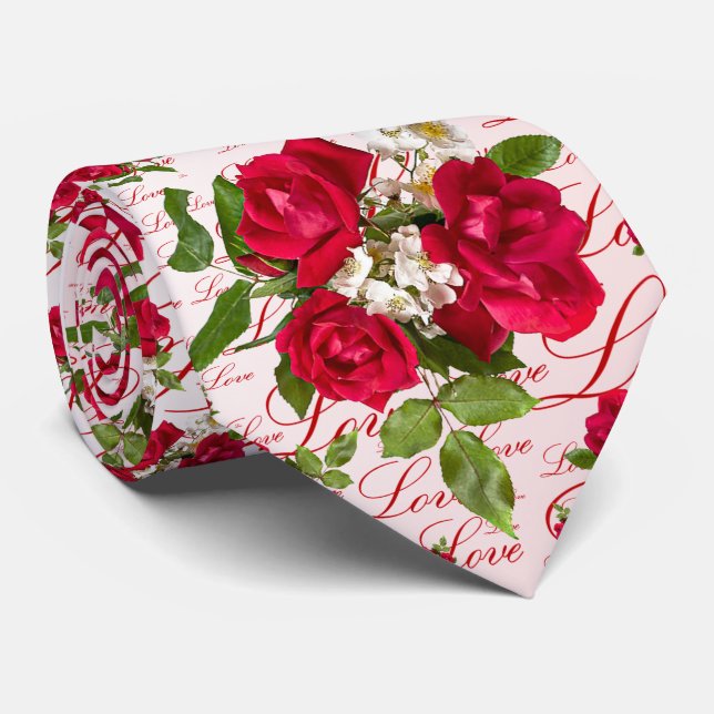 Love Red Rose Bouquet Photography Random Pattern Neck Tie (Rolled)