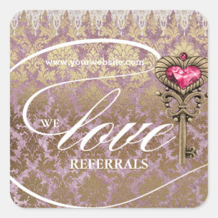 Love Referrals Pink Gold Skeleton Key Damask Square Sticker