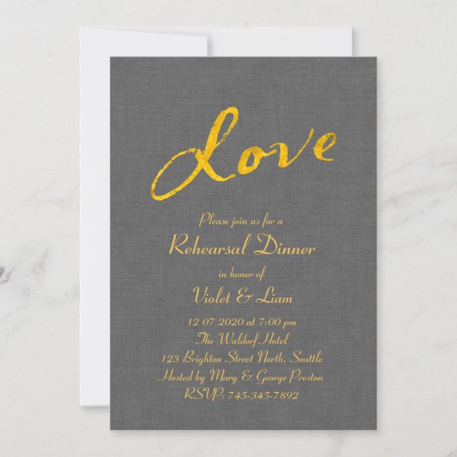 Love Rehearsal Dinner Invitation on Gray Linen (Front)