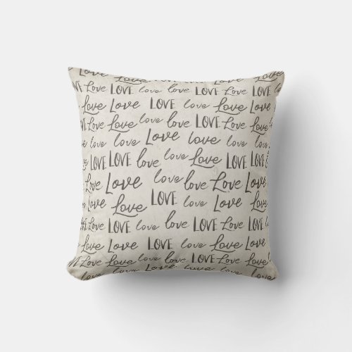 Love repeat Typography sepia Calligraphy Script Throw Pillow