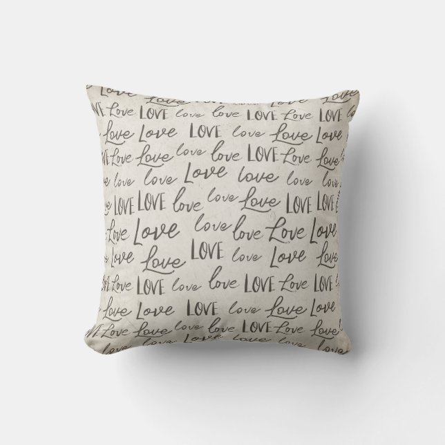 "Love" repeat Typography sepia, Calligraphy Script Throw Pillow (Front)