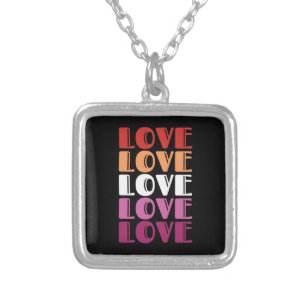 Love Repeating Text LGBTQ Lesbian Pride Silver Plated Necklace