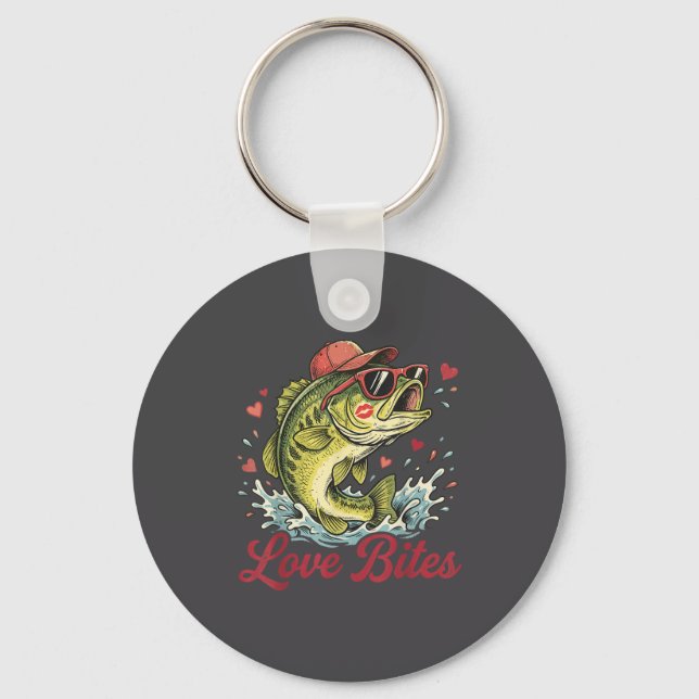 Love Retro Bites Fishing Fisherman Valentines Day  Keychain (Front)