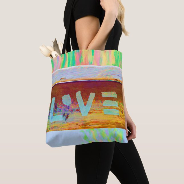 Love Retro Hippie Brown Green Bohemian Country Tote Bag (Close Up)