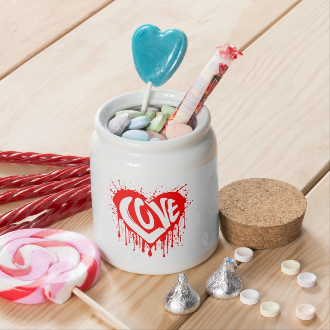 Love Retro Red Heart Valentine White Text  Candy Jar (In Situ)