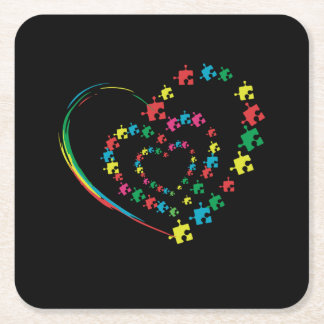 Love Ribbon Heart Puzzle Autism Awareness Gift Square Paper Coaster