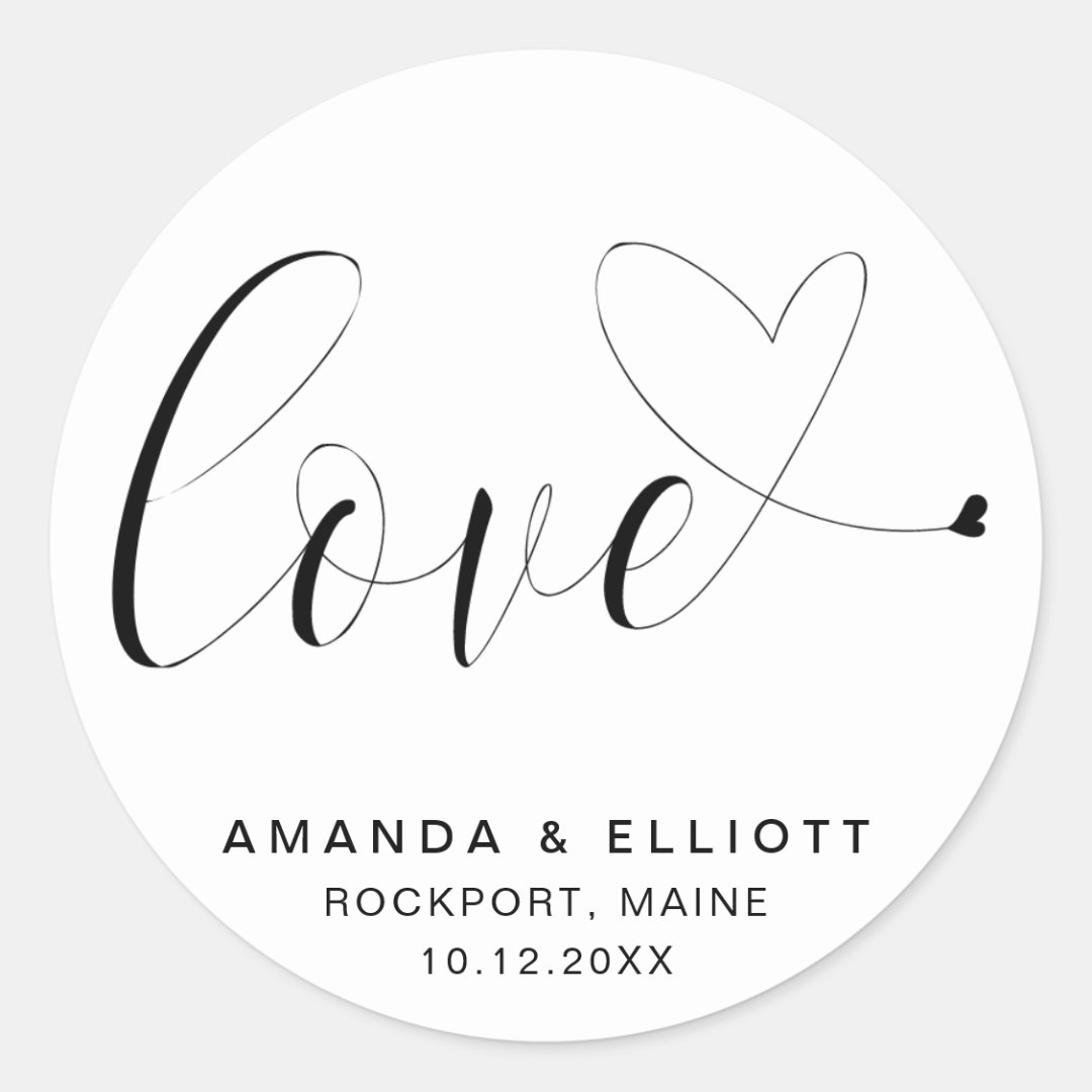 Love Romantic Black and White Typography Wedding Classic Round Sticker ...