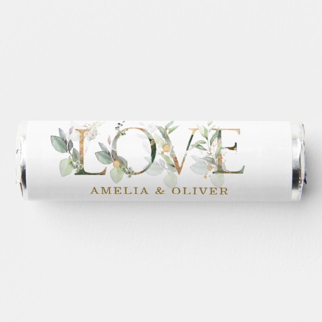 LOVE | Romantic Eucalyptus Greenery Gold Wedding Breath Savers® Mints (Front)