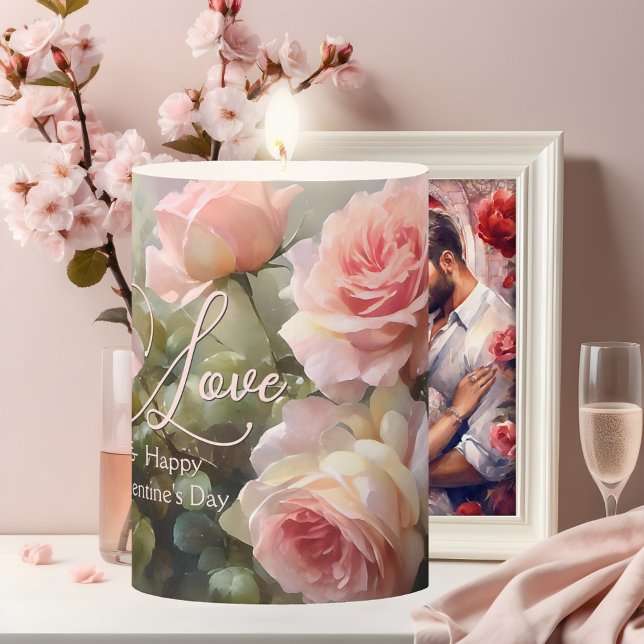 Love Romantic Rose Valentines Candle (Candle featuring a painting of romantic pink roses. Lovely for Valentine's Day or her birthday.)