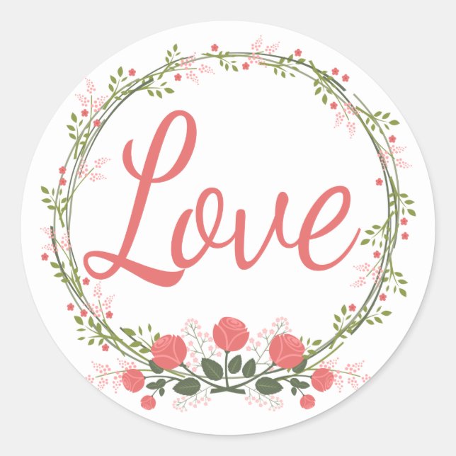 Love Rose Floral Wreath Red Pink Wedding Stickers (Front)