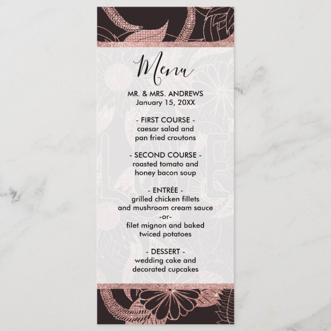 Love Rose Gold Glitter Girly Flowers Pattern Menu (Front)
