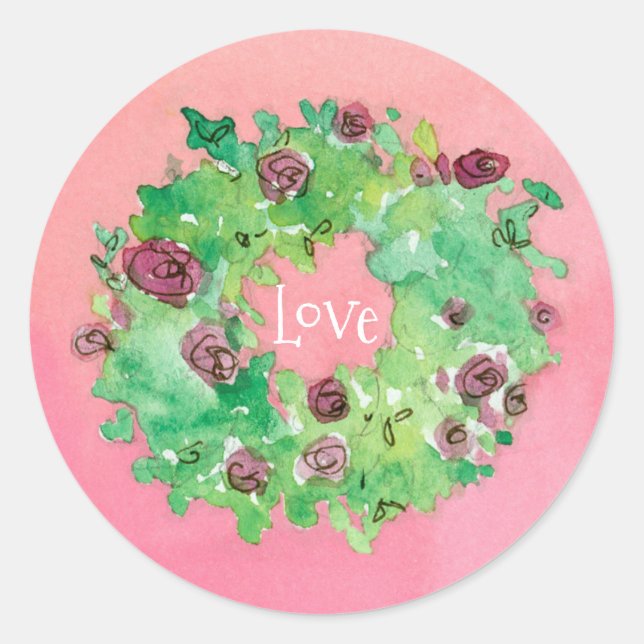 Love Rose Wreath Watercolor Classic Round Sticker (Front)
