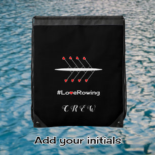 Love rowing crew initials black drawstring bag