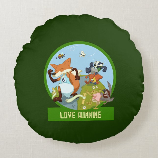 Love Running Funny Woodland Animal Race Cartoon Round Pillow (Front)