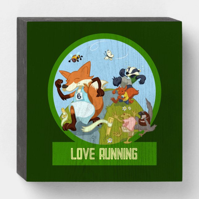 Love Running Funny Woodland Animal Race Cartoon Wooden Box Sign (Front Horizontal)
