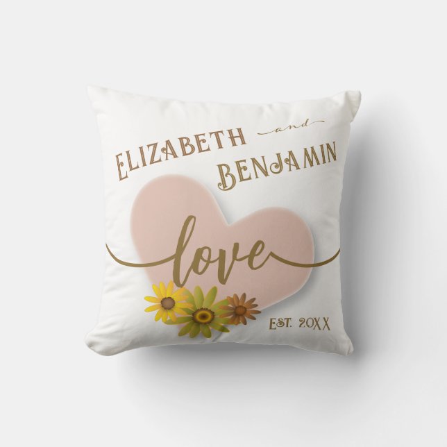 Love Rustic Peach Heart with Flowers Typography Throw Pillow (Front)